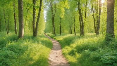 The primary subject of the image is a dirt path surrounded by lush green grass and trees. The setting is a forest, with the path leading through the trees and grass. The visual style is a photo, capturing the natural beauty of the forest and the path. The colors and mood are predominantly green, with the grass and trees creating a serene and peaceful atmosphere.