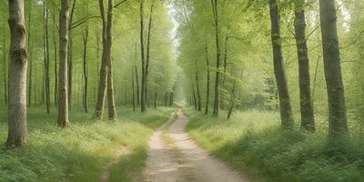 The primary subject of the image is a dirt road surrounded by trees. The setting is a forest, with the trees providing a natural backdrop. The visual style is a photo, capturing the dirt road and the surrounding environment. The colors and mood of the image are predominantly green, with the trees and grass creating a serene and peaceful atmosphere.