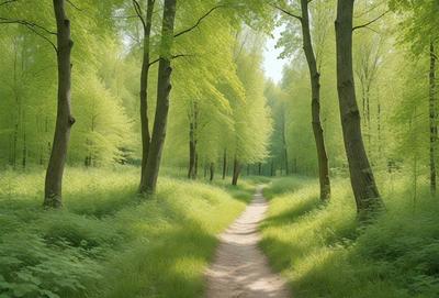 The primary subject of the image is a dirt path surrounded by lush green grass and trees. The setting is a forest, with the path leading through the trees. The visual style is a photo, capturing the natural beauty of the forest. The colors and mood are vibrant and serene, with the green grass and trees creating a peaceful and inviting atmosphere.