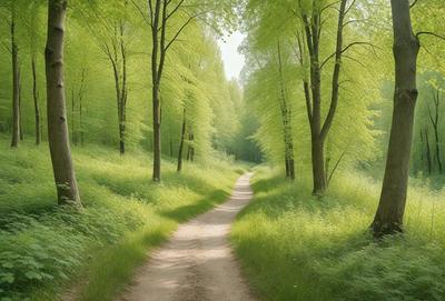 The primary subject of the image is a dirt road surrounded by lush green grass and trees. The setting is a forest, with the road running through it. The visual style is a photo, capturing the natural beauty of the scene. The dominant colors are green, from the grass and trees, and brown, from the dirt road. The overall atmosphere is serene and peaceful, with the road providing a sense of tranquility amidst the lush forest.