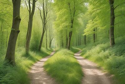 The primary subject of the image is a dirt road surrounded by lush green grass and trees. The setting is a forest, with the road running through it. The visual style is a photo, capturing the natural beauty of the forest and the road. The colors and mood are predominantly green, with the grass and trees creating a serene and peaceful atmosphere.