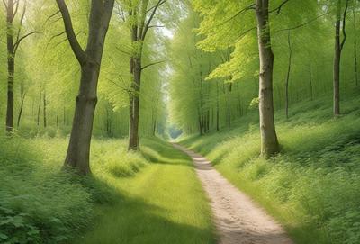 The primary subject of the image is a dirt road surrounded by lush green grass and trees. The setting is a forest, with the road running through it. The visual style is a painting, which gives the scene a vibrant and natural atmosphere. The dominant colors are green, which represents the grass and trees, and brown, which represents the dirt road.