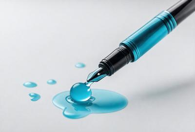 The primary subject of the image is a blue pen or marker, which is being used to write or draw on a white surface. The setting is a white background, and the visual style appears to be a photo or a close-up of the pen. The dominant colors in the image are blue and white, creating a calm and clean atmosphere.