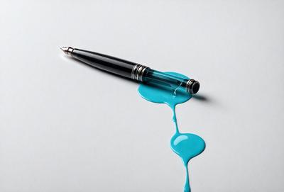 The primary subject of the image is a pen with ink dripping from it. The pen is placed on a white surface, which serves as the setting and background of the scene. The visual style of the image is a close-up of the pen and the ink, showcasing the details of the pen and the dripping ink. The colors and mood of the image are predominantly white and blue, giving it a clean and calm atmosphere.