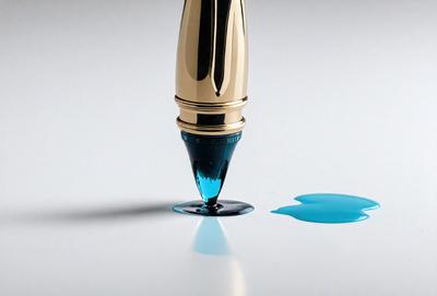The primary subject of the image is a fountain pen with a blue ink cartridge. The pen is sitting on a white surface, which serves as the setting for the scene. The visual style of the image is a photo, capturing the details of the pen and ink. The dominant colors in the image are blue and white, creating a calm and soothing atmosphere.