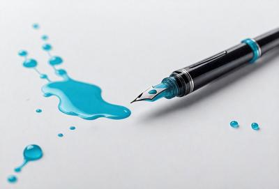 The primary subject of the image is a pen, which is placed on a piece of paper. The pen is filled with blue ink, and it is sitting on top of the paper. The setting is a white surface, which provides a clean and uncluttered background for the pen and paper. The visual style of the image is a close-up of the pen and ink, showcasing the details of the writing instrument and the ink. The colors and mood of the image are predominantly blue, creating a calm