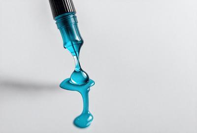 The primary subject of the image is a blue liquid, possibly ink or paint, dripping onto a white surface. The setting is a white background, which provides a clean and uncluttered appearance. The visual style is a close-up of the dripping liquid, emphasizing the details of the droplet. The colors and mood of the image are predominantly blue and white, creating a calm and serene atmosphere.
