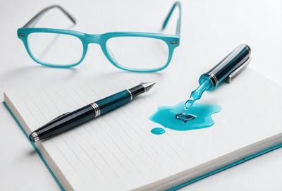 The primary subject of the image is a pair of glasses placed on a notebook. The setting is a white surface, and the visual style is a photo. The colors and mood of the image are predominantly blue, creating a calm and serene atmosphere.