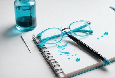 The primary subject of the image is a pair of blue glasses with water droplets on them. The glasses are placed on a notebook, which is sitting on a table. The setting appears to be a workspace or study area, as the glasses are placed on a notebook. The visual style of the image is a close-up of the glasses, showcasing the water droplets on them. The colors and mood of the image are calm and focused, as the glasses are the main subject and