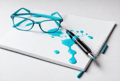 The primary subject of the image is a pair of blue glasses placed on a notebook. The setting is a white surface, which provides a clean and minimalistic backdrop. The visual style is a realistic representation of the glasses and the notebook. The colors and mood of the image are predominantly white and blue, creating a calm and organized atmosphere.