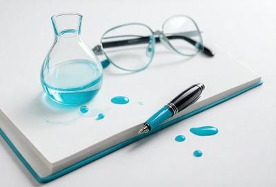 The primary subject of the image is a blue glass vase filled with blue liquid, placed on a table. The setting is a white table, and the visual style is a photo. The dominant colors are blue, and the overall atmosphere is calm and serene.