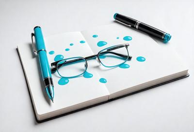 The primary subject of the image is a pair of glasses placed on a notebook. The setting is a white surface, and the visual style appears to be a combination of a photo and a drawing. The glasses are blue, and the overall atmosphere is calm and focused.