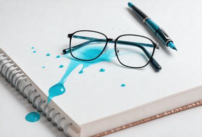 The primary subject of the image is a pair of glasses with blue liquid dripping on them. The setting is a table with a book and a pen, creating a workspace or study environment. The visual style is a realistic representation of the glasses and the liquid. The colors and mood of the image are predominantly blue, which gives it a calm and focused atmosphere.