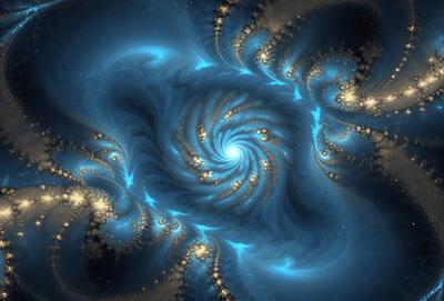 The primary subject of the image is a spiral pattern, which is the main object, scene, or focus of the image. The spiral pattern is set against a blue background, creating a visually striking contrast. The image is a digital art piece, showcasing the artist's creativity and skill in designing intricate patterns. The dominant colors in the image are blue and gold, giving the overall atmosphere a sense of depth and sophistication.