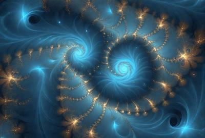 The primary subject of the image is a spiral pattern with blue and gold colors. The setting is a blue background, and the visual style appears to be a digital art or illustration. The colors and mood of the image are vibrant and lively, creating a sense of movement and energy.