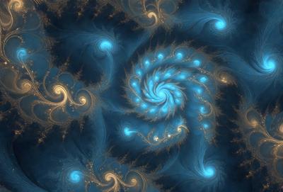 The primary subject of the image is a spiral pattern with blue and yellow colors. The setting is a blue background, and the visual style appears to be a digital art or illustration. The dominant colors are blue and yellow, creating a vibrant and lively atmosphere.