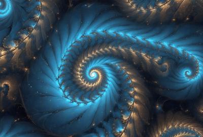 The primary subject of the image is a spiral pattern, which is a blue and gold swirl. The setting is a blue and gold background, and the visual style is digital art. The colors and mood of the image are vibrant and lively, with the blue and gold colors creating a sense of depth and movement.