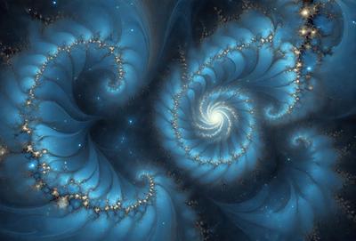 The primary subject of the image is a spiral galaxy, which is a large, swirling mass of stars and gas. The spiral galaxy is set against a backdrop of a dark, star-filled sky. The visual style of the image is digital art, as it is a detailed and intricate representation of the galaxy. The dominant colors in the image are blue and purple, which create a sense of depth and beauty in the spiral galaxy.