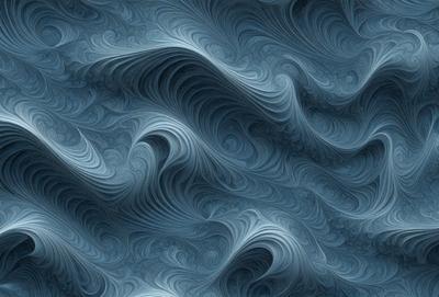 The primary subject of the image is a blue and white ocean wave. The setting is the ocean, with the wave being the main focus of the scene. The visual style is a digital art or illustration, as the wave is depicted in a detailed and artistic manner. The dominant colors are blue and white, creating a serene and calming atmosphere.
