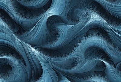 The primary subject of the image is a blue ocean with waves. The setting is the ocean, and the visual style is a digital art or illustration. The dominant colors are blue and white, creating a serene and calming atmosphere.