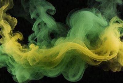 The primary subject of the image is a green and yellow smoke or fog, which appears to be a digital art or illustration. The setting is a dark background, and the visual style gives the impression of a surreal or dreamy atmosphere. The dominant colors in the image are green and yellow, creating a vibrant and lively mood.