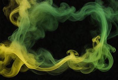 The primary subject of the image is a green and yellow smoke or vapor, which appears to be a part of a larger, more complex pattern. The setting is a dark background, which contrasts with the bright colors of the smoke. The visual style of the image is a combination of photo and digital art, creating a unique and intriguing appearance. The colors and mood of the image are lively and energetic, with the green and yellow smoke serving as the focal point.