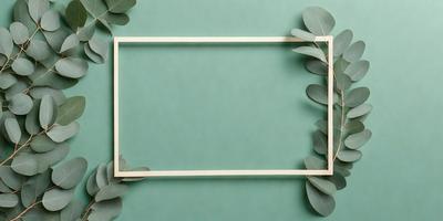 The primary subject of the image is a green frame with leaves on it. The setting is a green background, and the visual style appears to be a photo. The colors and mood of the image are predominantly green, creating a calm and natural atmosphere.