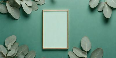 The primary subject of the image is a picture frame with a blank canvas. The setting is a green background, possibly a wall or a table. The visual style is a photo, and the colors and mood are predominantly green, creating a calm and serene atmosphere.