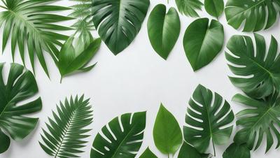 The image features a collection of green leaves, including large and small palm leaves, arranged in a visually appealing manner. The leaves are displayed on a white background, creating a striking contrast. The primary subject of the image is the leaves, which are the main focus and the primary elements in the scene. The visual style of the image is a combination of photo and digital art, as it captures the natural beauty of the leaves while also showcasing the artist's creativity in arranging them. The colors and mood of