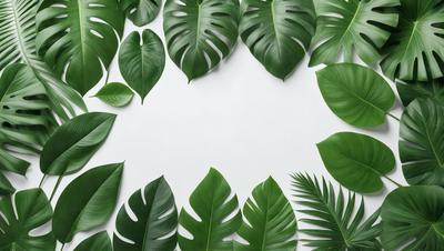 The primary subject of the image is a collection of large green leaves, which are arranged in a circular pattern on a white background. The leaves are arranged in a way that creates a visually appealing and harmonious composition. The setting is a white wall, which provides a clean and minimalist backdrop for the leaves. The visual style of the image is a close-up of the leaves, showcasing their intricate details and textures. The colors and mood of the image are predominantly green, which gives a sense