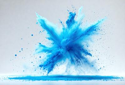 The primary subject of the image is a blue splash of paint or a blue blob, which is the main focus of the scene. The setting is a white background, which provides a clean and uncluttered environment for the blue blob. The visual style of the image is a close-up of the blue blob, showcasing its vibrant color and texture. The colors and mood of the image are predominantly blue, creating a sense of calmness and tranquility.