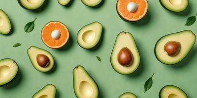 The primary subject of the image is a close-up of a cut avocado, which is placed on a green background. The visual style of the image is a photo, and the dominant colors are green and orange. The overall atmosphere of the image is fresh and healthy, as the avocado is a nutritious fruit.