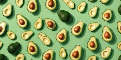 The primary subject of the image is a group of avocados, which are arranged in a pattern on a green surface. The avocados are of various sizes and are spread across the entire image. The setting appears to be a table or a countertop, and the visual style is a close-up of the avocados, showcasing their details and textures. The colors in the image are predominantly green, which is the color of the avocados and the surface they are placed on. The overall atmosphere of the