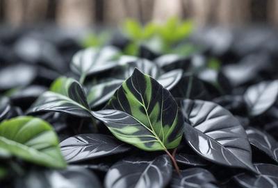 The primary subject of the image is a leaf, which is the main object, scene, or focus of the image. The leaf is placed on a surface, which appears to be a black tarp or a similar material. The visual style of the image is a photo, as it captures the leaf in its natural environment. The colors and mood of the image are predominantly black, giving it a somewhat moody or dramatic appearance.