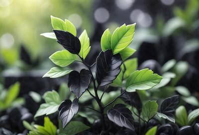 The primary subject of the image is a small green plant with black leaves, growing in a pot. The plant is surrounded by a variety of green leaves, creating a lush and vibrant scene. The setting is a black and white photo, which adds a classic and timeless feel to the image. The visual style is a close-up of the plant, emphasizing its details and texture. The colors and mood of the image are predominantly black and white, with the green leaves providing a pop of color and a sense of