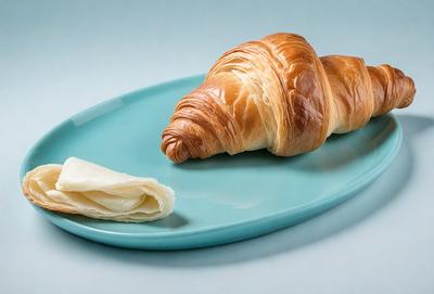 The primary subject of the image is a croissant, which is placed on a blue plate. The setting is a dining table, and the visual style appears to be a photo. The colors in the image are predominantly blue and white, giving the scene a calm and inviting atmosphere.