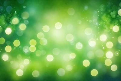 The primary subject of the image is a bright green background with a pattern of green and yellow lights. The setting appears to be a lush green field, possibly a forest or a garden. The visual style of the image is a combination of a photo and digital art, creating a vibrant and colorful atmosphere. The dominant colors are green and yellow, giving the scene a fresh and lively mood.