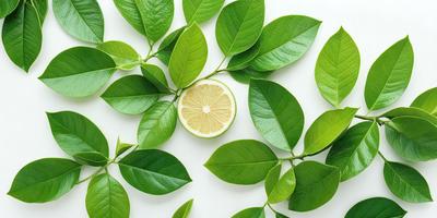 The primary subject of the image is a lemon, which is placed in the center of a group of green leaves. The setting is a white background, and the visual style appears to be a photo. The dominant colors are green and yellow, creating a fresh and vibrant atmosphere.