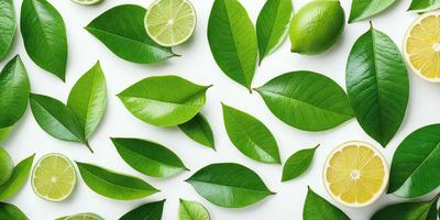 The primary subject of the image is a collection of green leaves, which are the main objects in the scene. The leaves are arranged in various positions, creating a visually appealing and natural setting. The background consists of a white surface, which provides a clean and minimalistic backdrop for the leaves. The visual style of the image is a close-up of the leaves, showcasing their intricate details and textures. The dominant colors in the image are green, which is the color of the leaves, and white, which is the