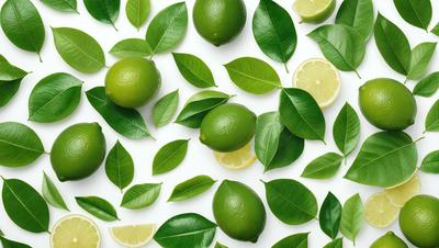 The primary subject of the image is a close-up of a lime, surrounded by green leaves. The lime is placed in the center of the image, and the leaves are scattered around it. The setting is a white background, which provides a clean and minimalist appearance. The visual style is a close-up of a lime and green leaves, creating a realistic and natural atmosphere. The colors are predominantly green, with the lime being a bright and vibrant shade, while the leaves are a more sub
