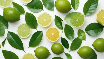 The primary subject of the image is a close-up of a lime, with several other limes surrounding it. The setting is a white background, and the visual style is a photo. The limes are green and yellow, and the overall atmosphere is fresh and vibrant.