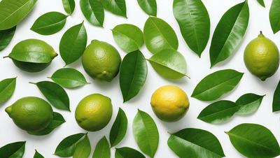 The primary subject of the image is a group of limes and leaves. The limes are green and placed on a white surface, while the leaves are green and surrounding the limes. The setting appears to be a white background, and the visual style is a close-up of the limes and leaves. The colors and mood of the image are predominantly green, creating a fresh and natural atmosphere.