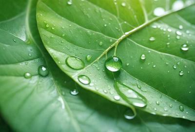 The primary subject of the image is a close-up of a leaf with water droplets on it. The leaf is green and appears to be a part of a larger plant. The setting is outdoors, with the leaf being the main focus of the image. The visual style is a close-up, which emphasizes the details of the water droplets on the leaf. The colors in the image are predominantly green, which adds to the natural and serene atmosphere of the scene.