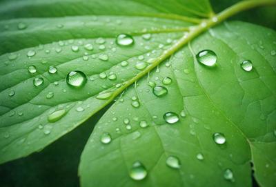 The primary subject of the image is a leaf with water droplets on it. The leaf is green and appears to be a part of a plant. The setting is outdoors, with the leaf being the main focus of the image. The visual style is a close-up of the leaf, capturing the details of the water droplets. The colors are predominantly green, with the water droplets adding a touch of blue. The overall atmosphere is serene and natural, as the image showcases the beauty of a