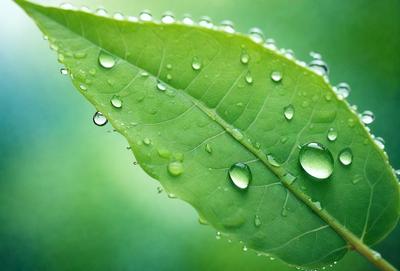 The primary subject of the image is a leaf with water droplets on it. The leaf is green and appears to be a part of a plant. The setting is a green background, which adds to the natural and serene atmosphere of the image. The visual style is a close-up of the leaf, showcasing the details of the water droplets. The colors and mood of the image are predominantly green, creating a sense of freshness and tranquility.