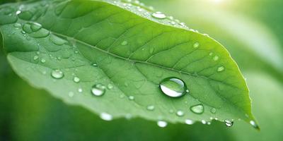 The primary subject of the image is a close-up of a leaf with water droplets on it. The leaf is green and appears to be a part of a plant. The setting is outdoors, with the leaf being the main focus of the image. The visual style is a close-up, which emphasizes the details of the water droplets on the leaf. The colors in the image are predominantly green, which adds to the natural and serene atmosphere of the scene.