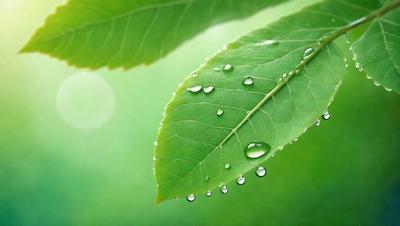 The primary subject of the image is a leaf with water droplets on it. The leaf is green and appears to be a part of a tree. The setting is outdoors, with the leaf being in the foreground and the background being a green field. The visual style is a close-up of the leaf, showcasing the water droplets on its surface. The colors are predominantly green, with the water droplets adding a touch of blue. The overall atmosphere is serene and natural, as the leaf