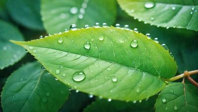 The primary subject of the image is a leaf with water droplets on it. The leaf is green and appears to be a part of a plant. The setting is outdoors, with the leaf placed on a surface. The visual style is a close-up of the leaf, capturing the details of the water droplets. The colors are predominantly green, and the overall atmosphere is serene and natural.