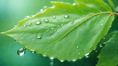 The primary subject of the image is a leaf with water droplets on it. The leaf is green and appears to be a part of a plant. The setting is outdoors, with the leaf placed on a green surface. The visual style is a close-up of the leaf, showcasing the water droplets on its surface. The colors are predominantly green, and the overall atmosphere is serene and natural.