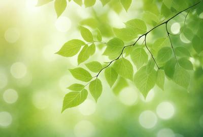 The primary subject of the image is a leafy green tree branch with green leaves. The setting is a bright, sunny day, and the visual style is a close-up of the tree branch. The colors and mood of the image are lively and vibrant, with the green leaves and sunlight creating a sense of freshness and vitality.